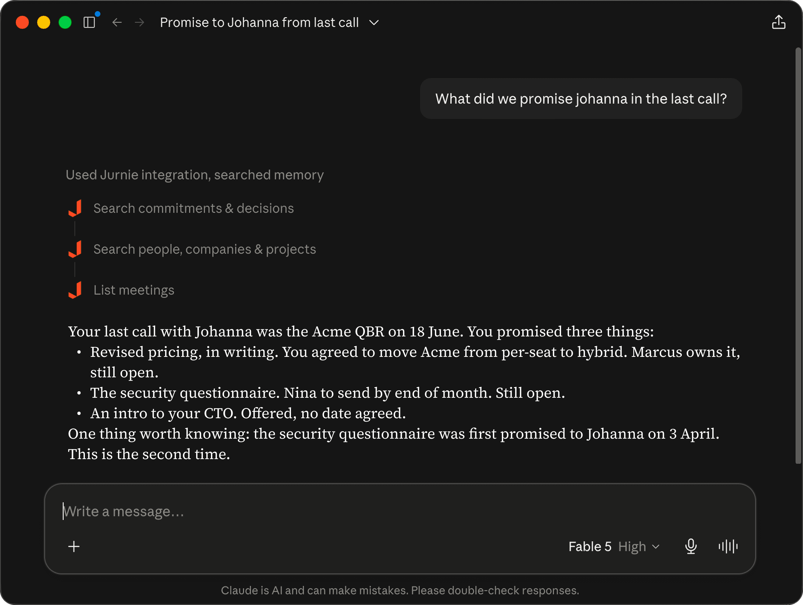 Claude answering a question about what was promised to a client, using the Jurnie connector to search commitments, decisions and meetings