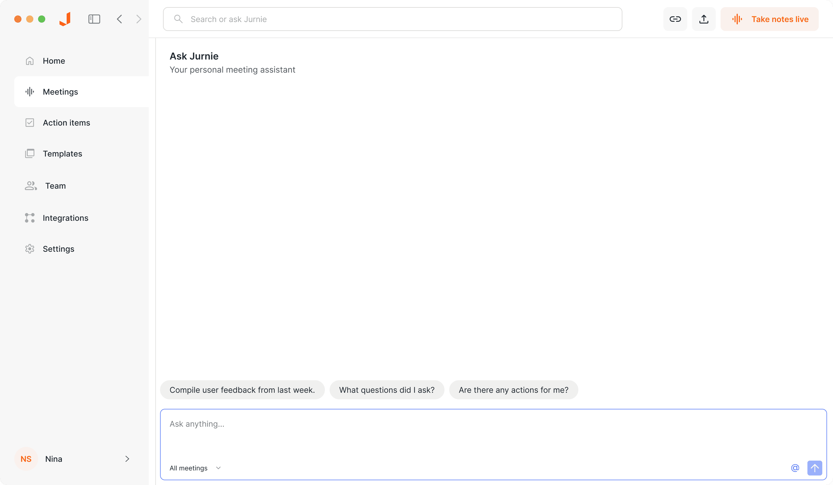 Automated meeting notifications - Jurnie AI meeting assistant interface showing jurnie notifies you when your meeting starts, making it easy to capture any conversation.