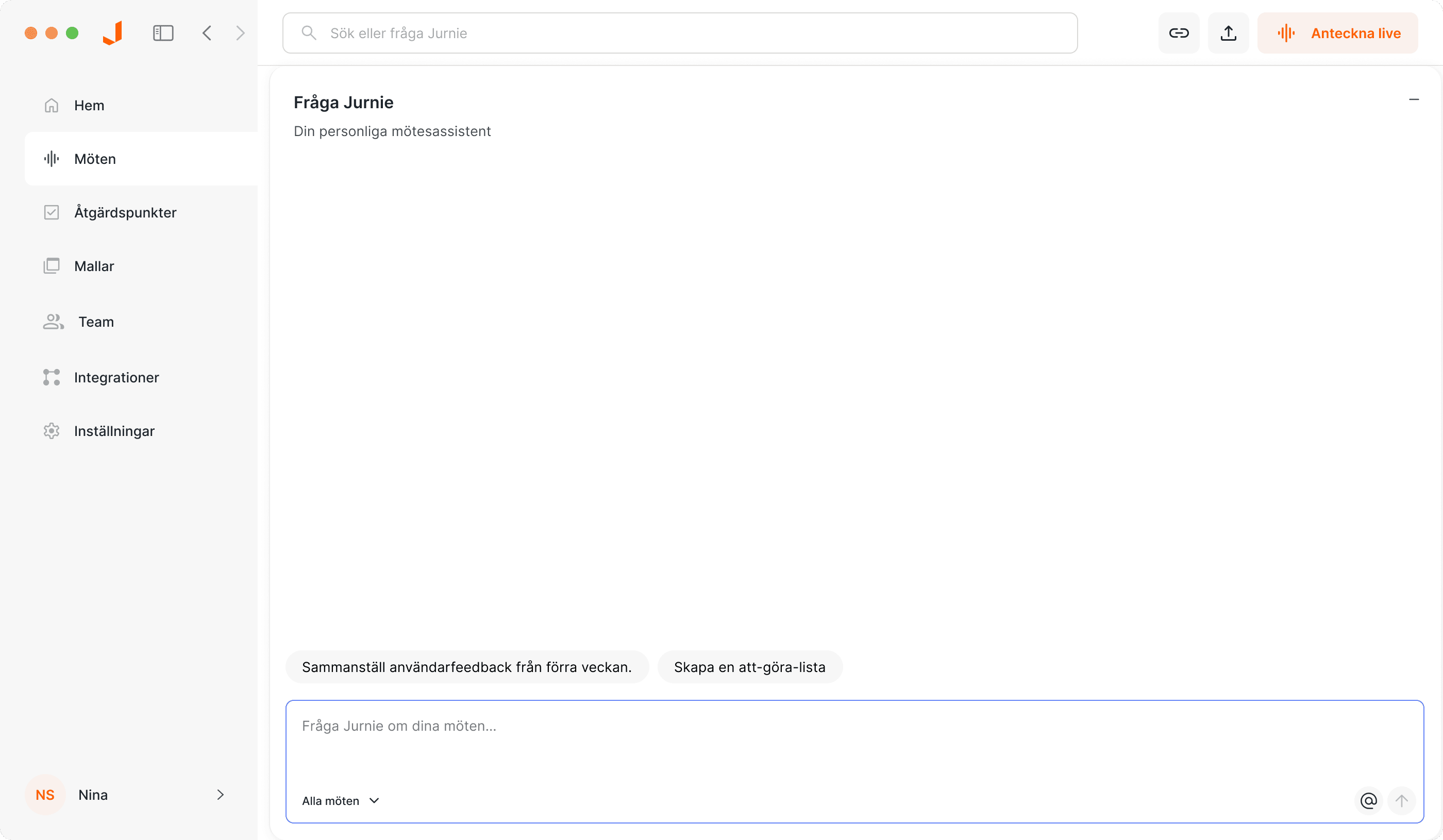 Automatiska mötesnotifieringar - Jurnie AI meeting assistant interface showing jurnie meddelar dig när ditt möte börjar, vilket gör det enkelt att fånga vilken konversation som helst.