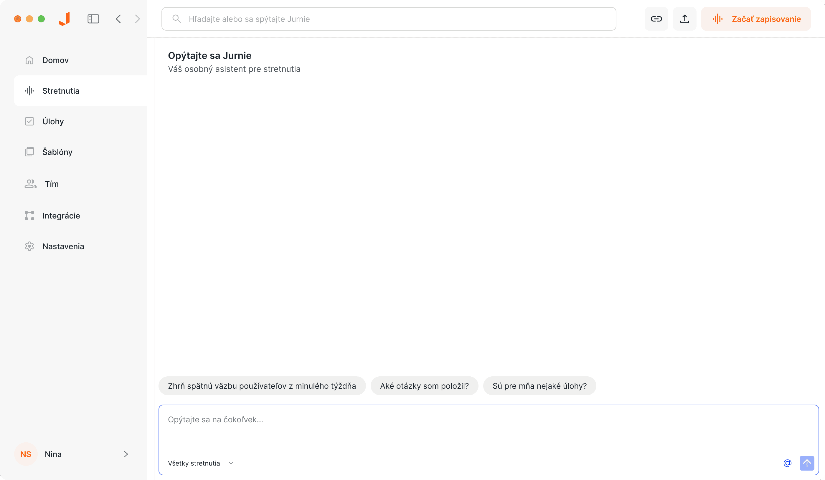 Automatické upozornenia na stretnutia - Jurnie AI meeting assistant interface showing jurnie vás upozorní, keď sa vaše stretnutie začne, čo uľahčuje zachytenie akejkoľvek konverzácie.