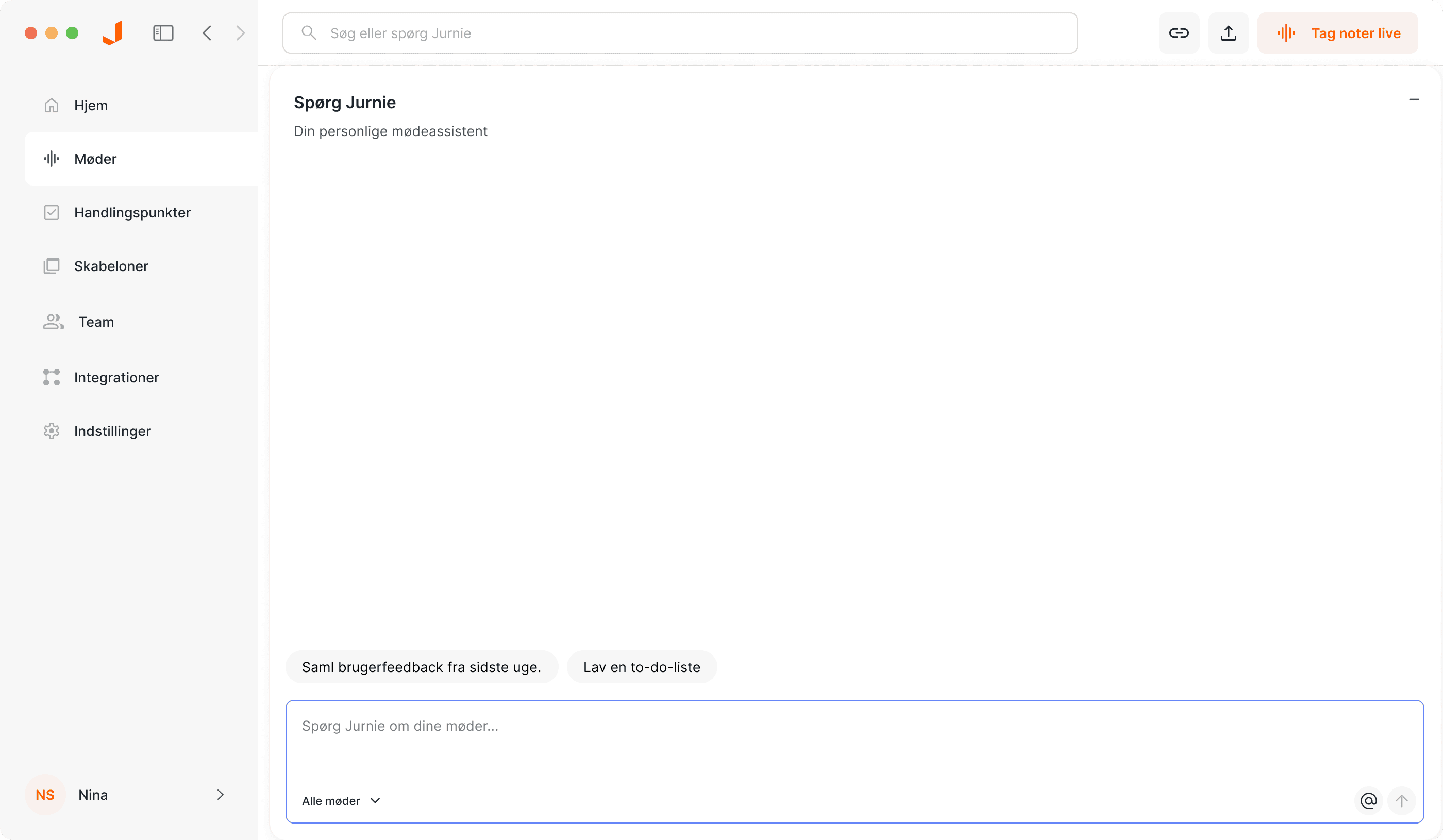 Automatiske mødenotifikationer - Jurnie AI meeting assistant interface showing jurnie giver dig besked, når dit møde starter, hvilket gør det nemt at huske enhver samtale.