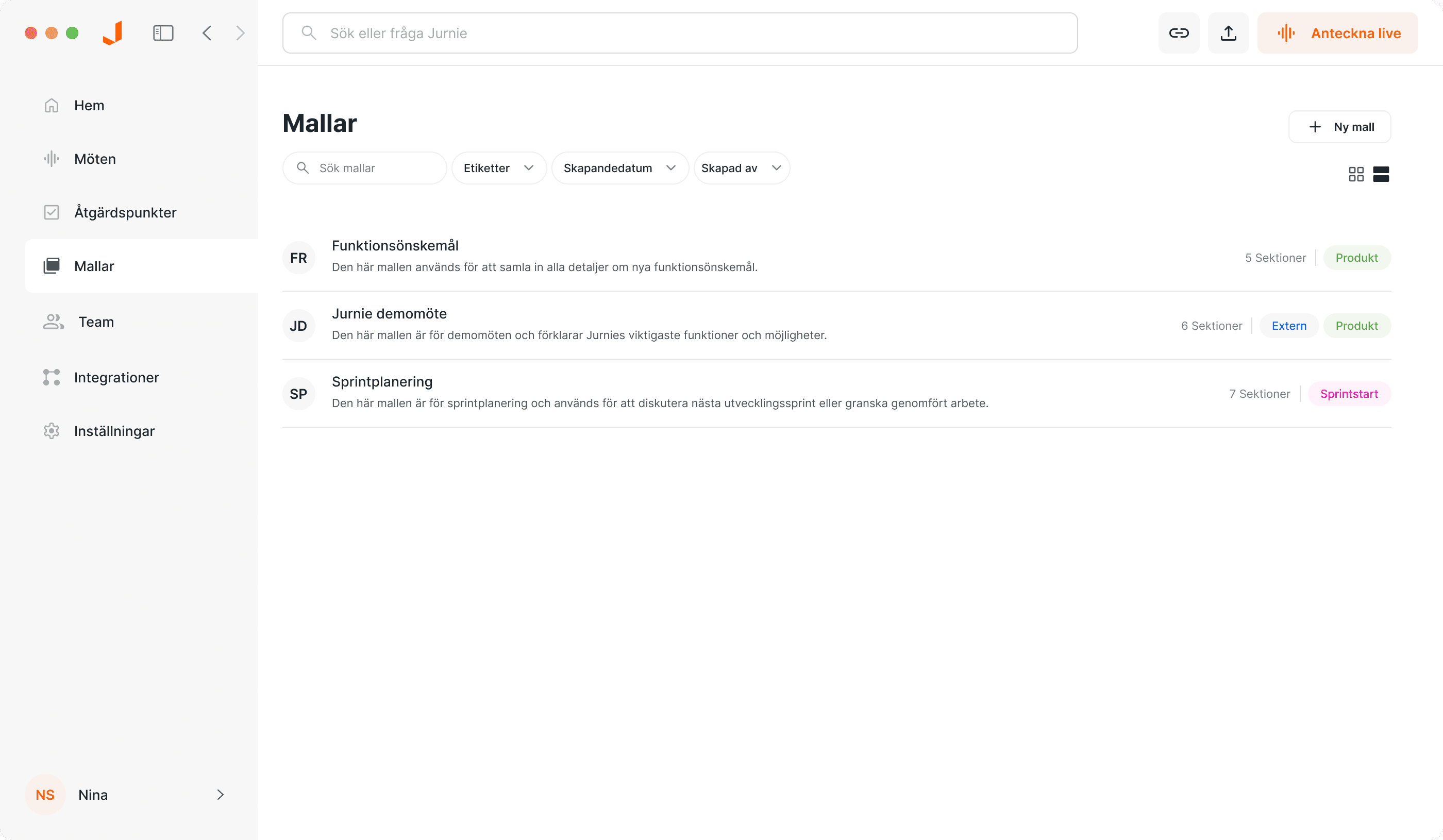 Automatiska mötesnotifieringar - Jurnie AI meeting assistant interface showing jurnie meddelar dig när ditt möte börjar, vilket gör det enkelt att fånga vilken konversation som helst.