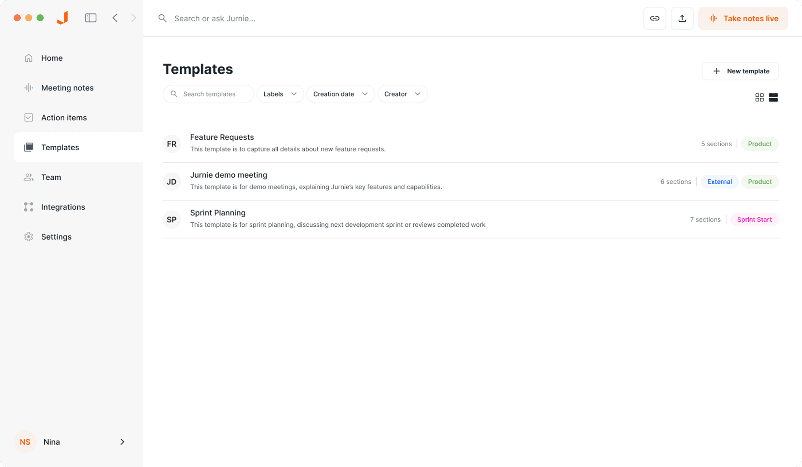 Automated meeting notifications - Jurnie AI meeting assistant interface showing jurnie notifies you when your meeting starts, making it easy to capture any conversation.