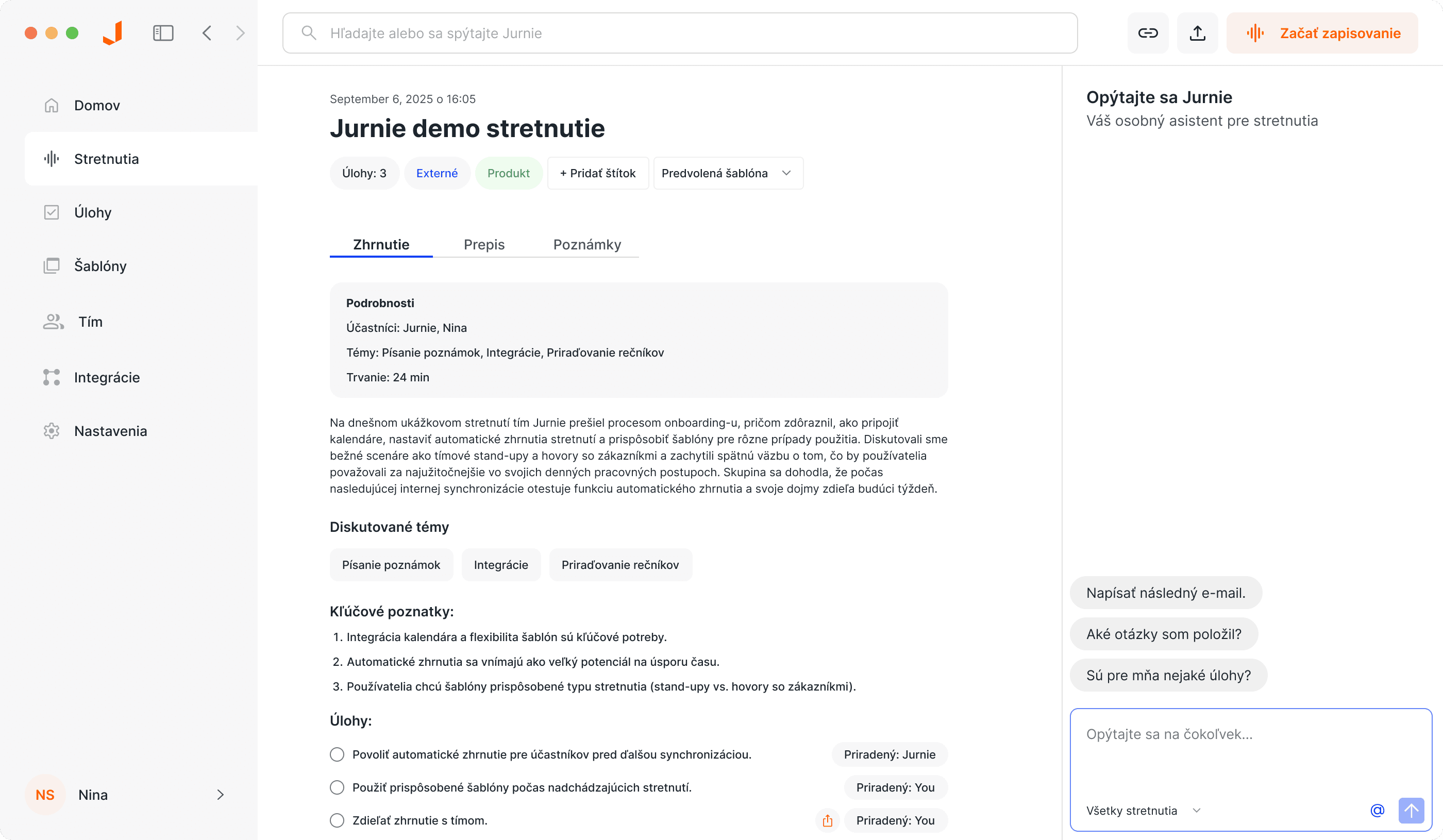 Automatické upozornenia na stretnutia - Jurnie AI meeting assistant interface showing jurnie vás upozorní, keď sa vaše stretnutie začne, čo uľahčuje zachytenie akejkoľvek konverzácie.