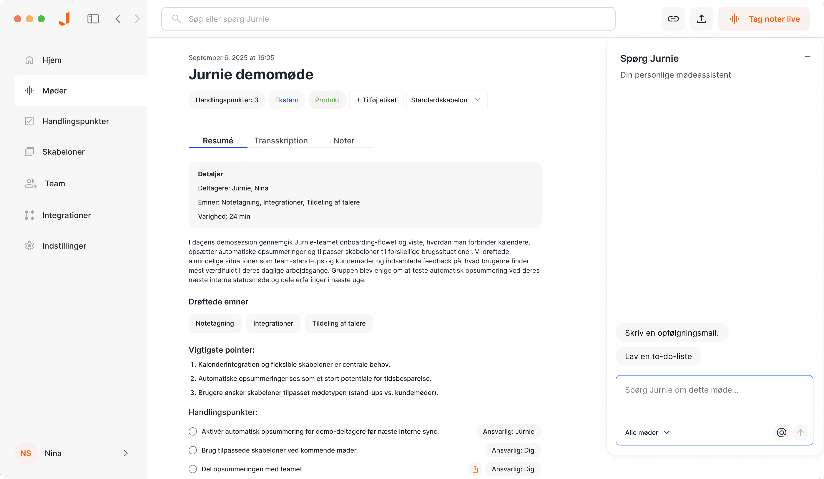 Automatiske mødenotifikationer - Jurnie AI meeting assistant interface showing jurnie giver dig besked, når dit møde starter, hvilket gør det nemt at huske enhver samtale.