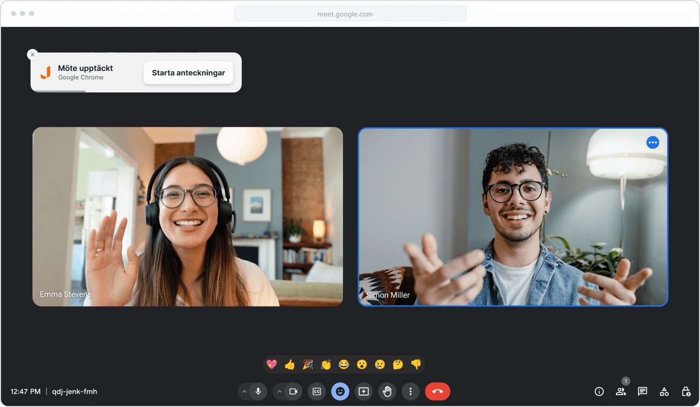 Automatiska mötesnotifieringar - Jurnie AI meeting assistant interface showing jurnie meddelar dig när ditt möte börjar, vilket gör det enkelt att fånga vilken konversation som helst.