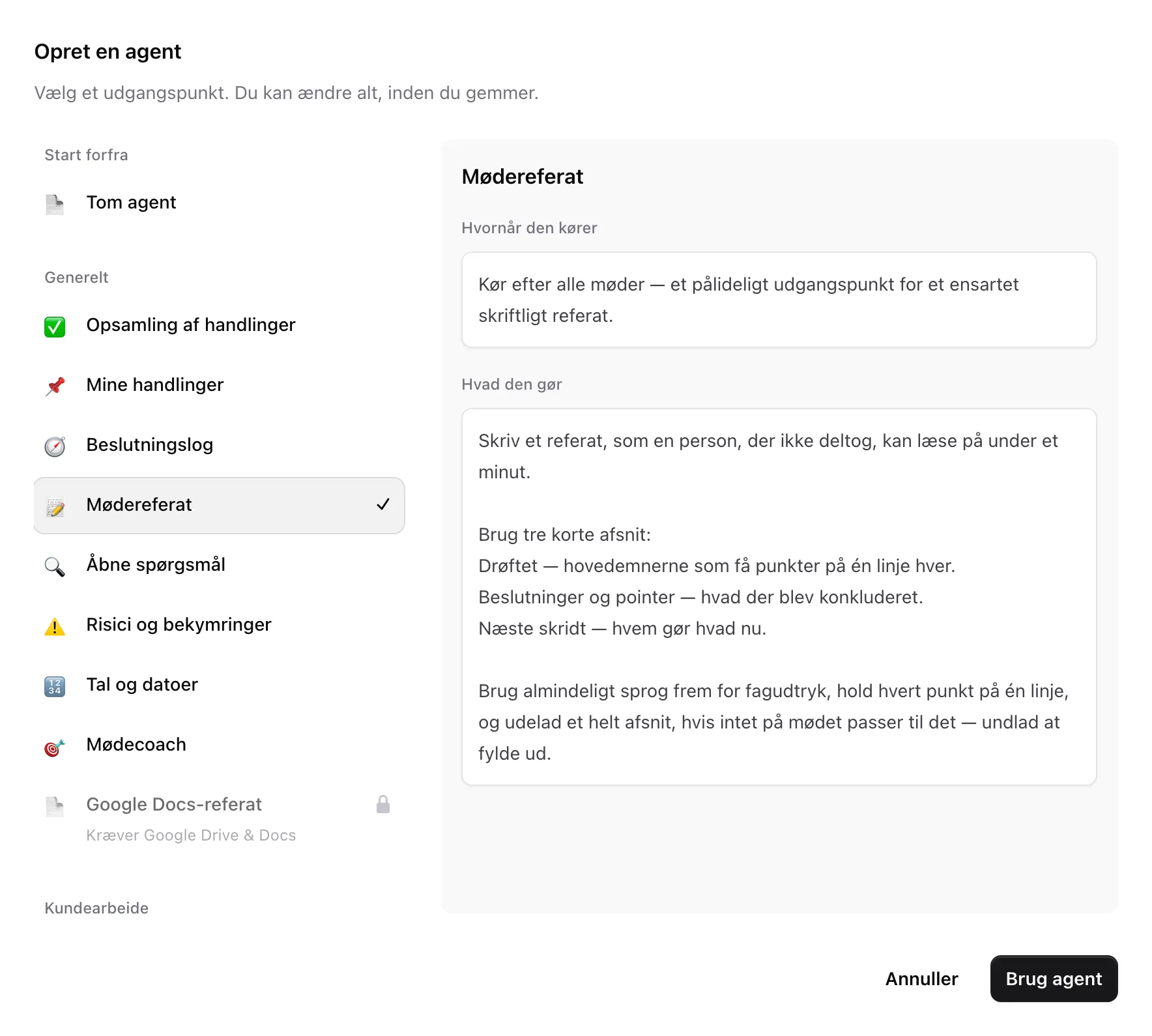 Vælgeren Opret en agent med færdige agenter grupperet efter formål og en forhåndsvisning af den valgte