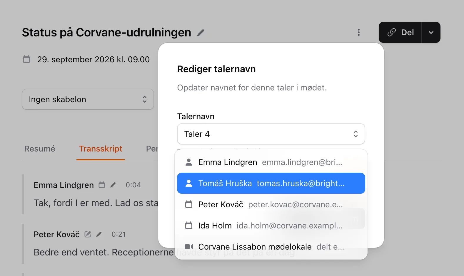 Dialogen Rediger talernavn, der foreslår teammedlemmer, inviterede og deltagere i opkaldet