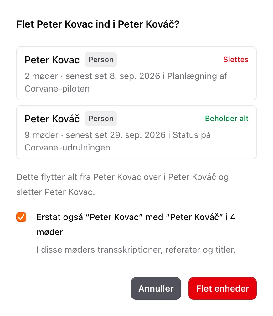 Dialogen til fletning, der viser, hvilken post der slettes, og hvilken der beholder alt