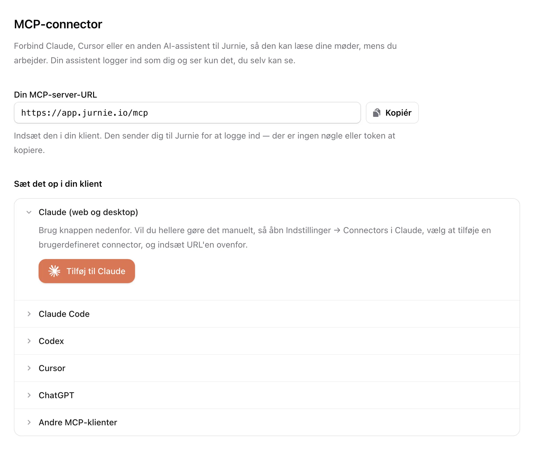 Indstillingerne for MCP-connectoren med server-URL'en, knappen Tilføj til Claude og vejledninger til hver klient