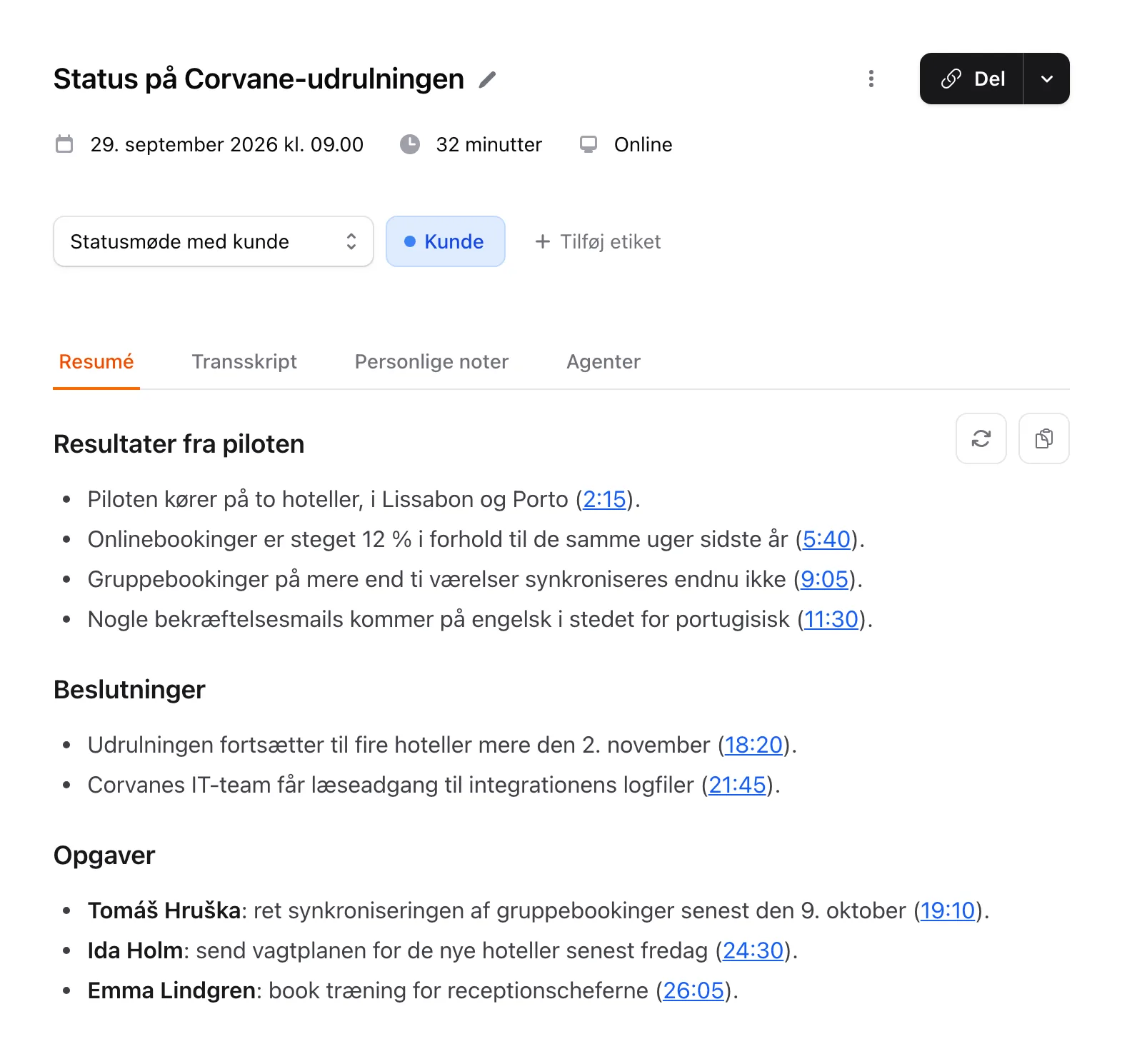Fanen Resumé for et møde med afsnitsoverskrifter, punkter og klikbare tidsstempler