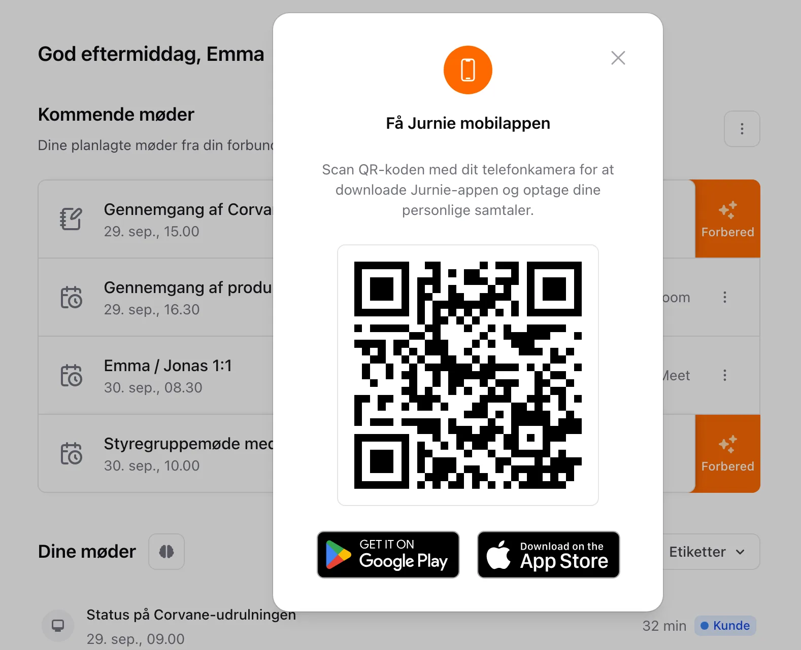 Dialogen Få Jurnie mobilappen med en QR-kode og knapper til appbutikkerne