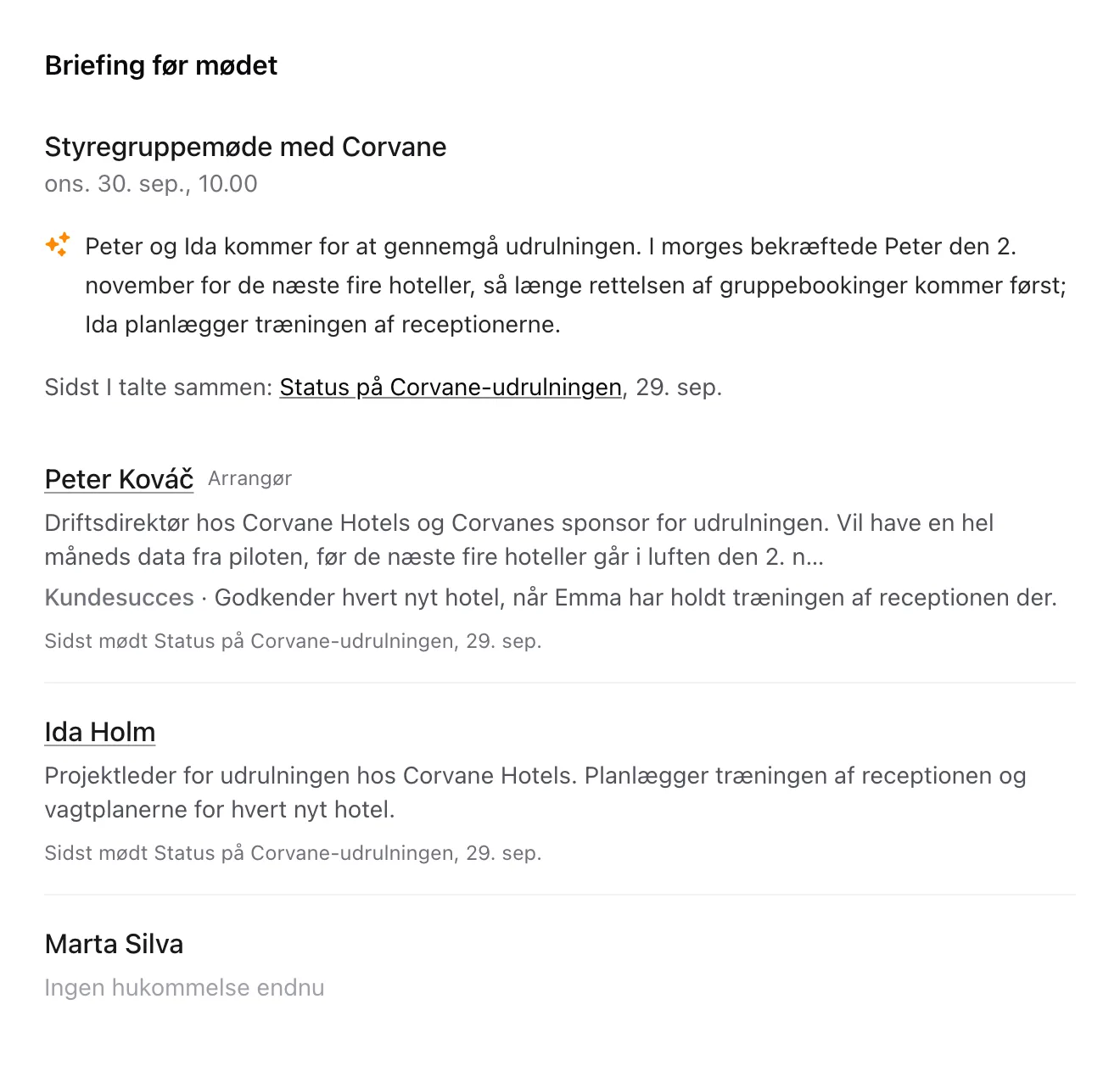 En briefing før mødet med et kort resumé og et afsnit for hver inviteret person