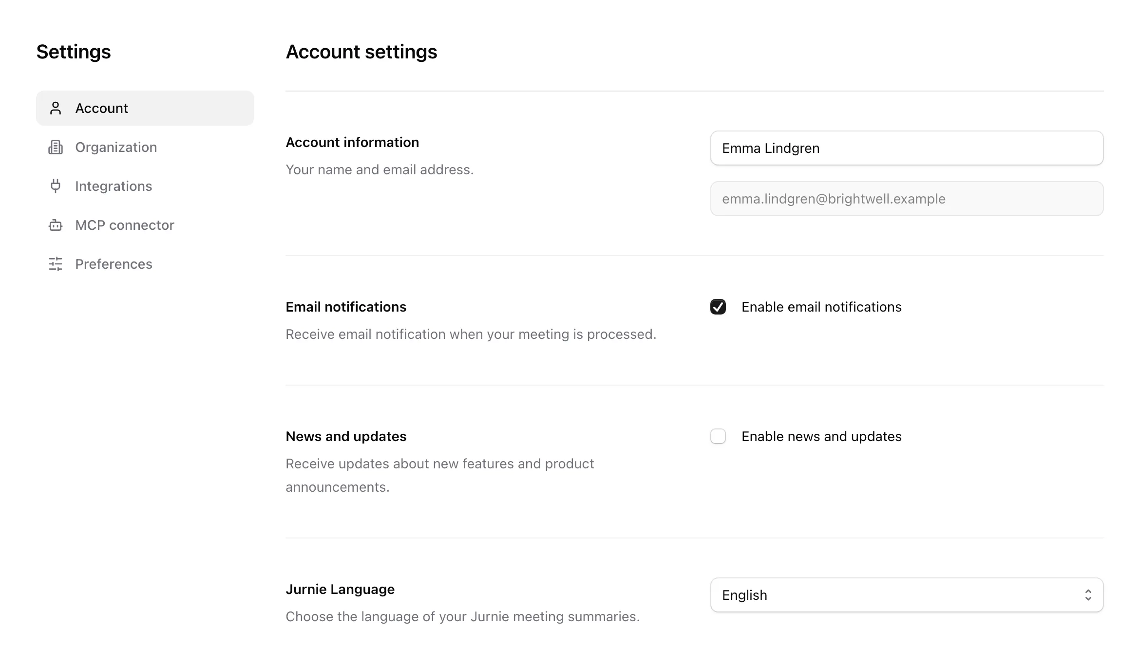 The Account tab in Settings, with account information, email switches, Jurnie Language and the default summary template