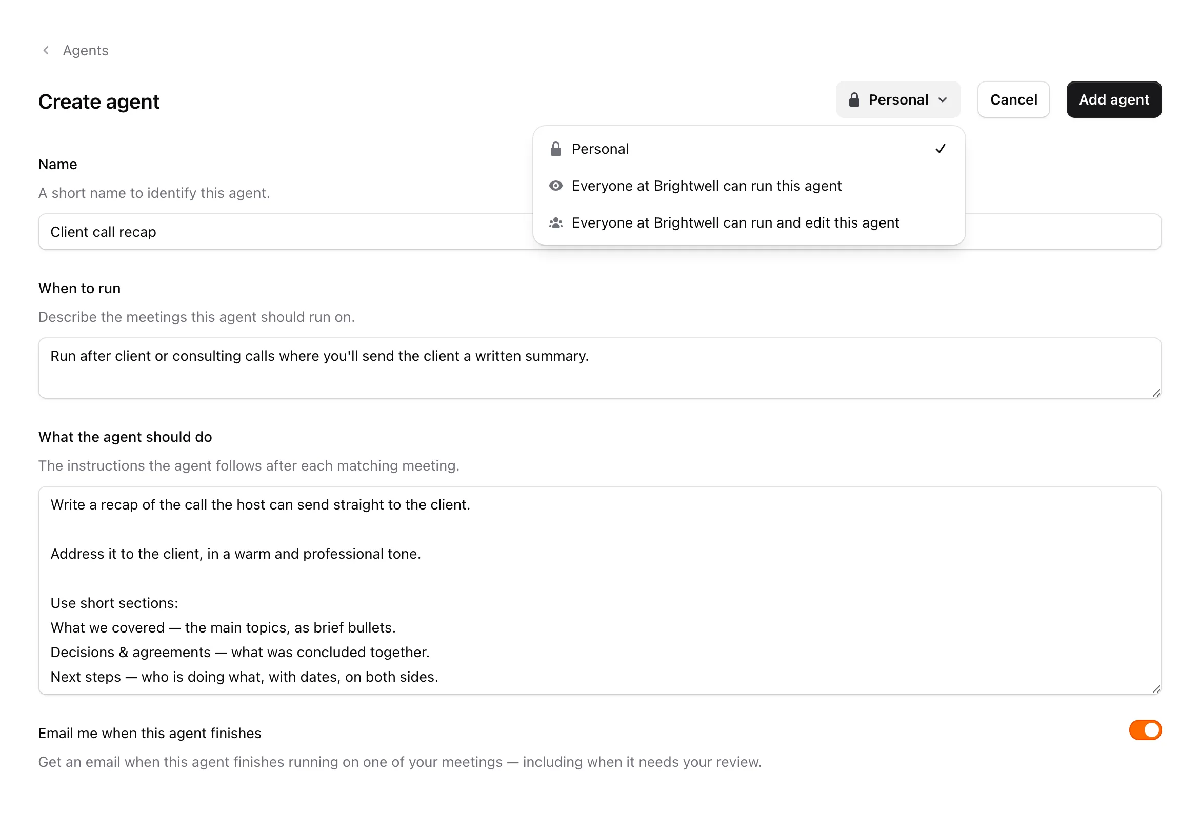 The Create agent page with the agent's fields, the email switch and the scope menu open