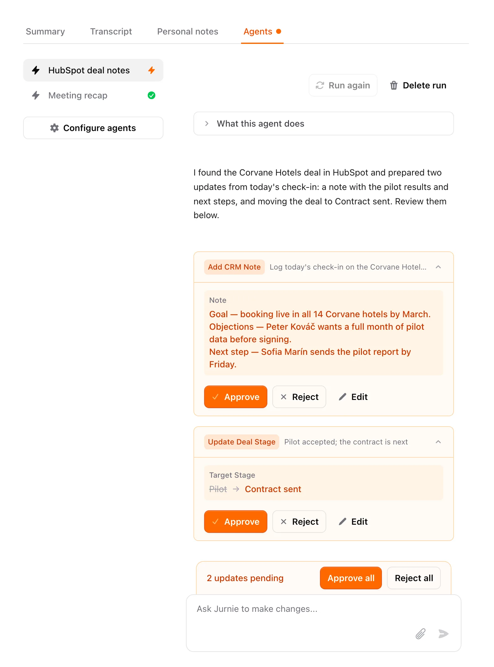 An agent run on the Agents tab with two proposed HubSpot changes and the Approve all bar
