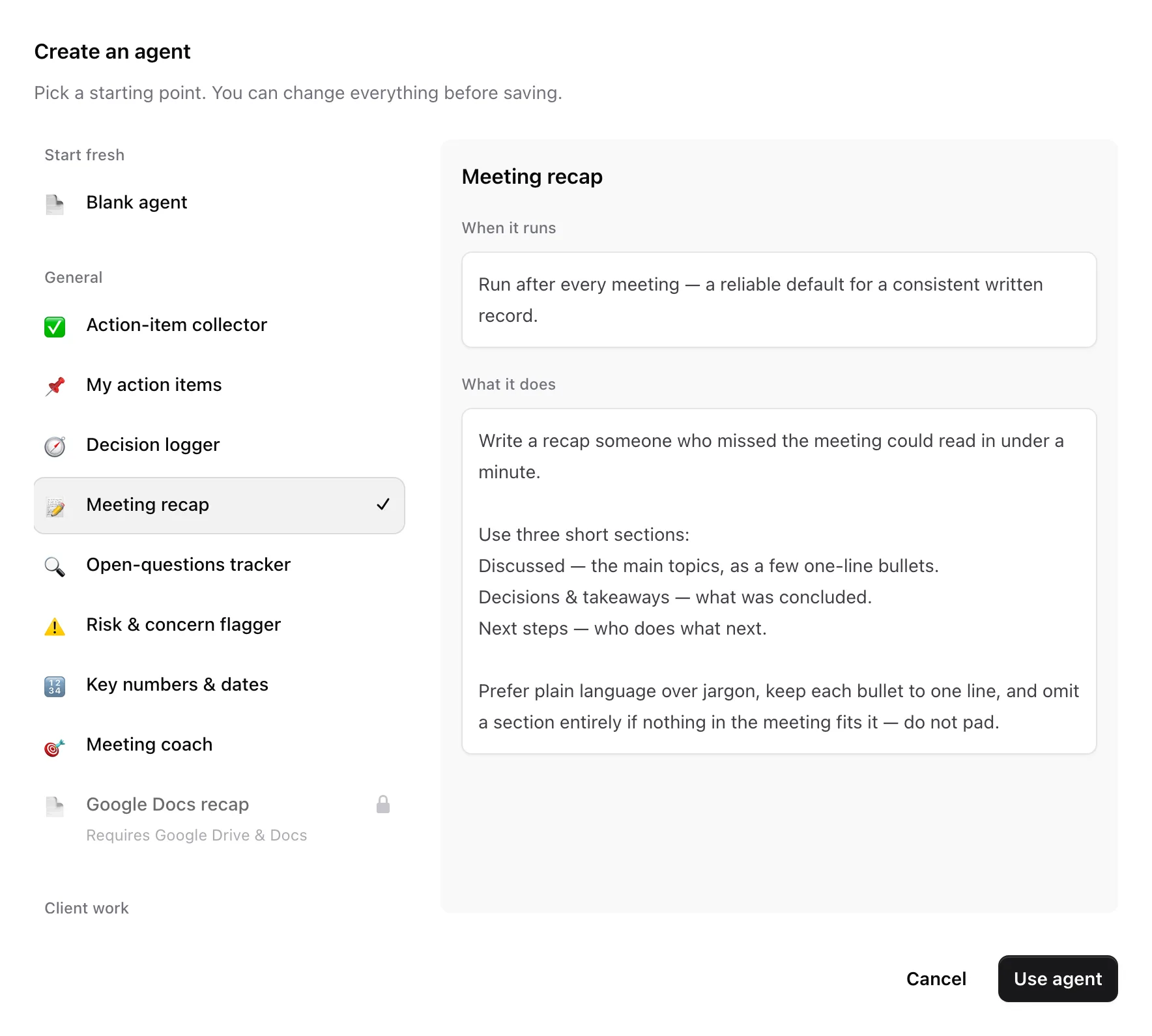 The Create an agent picker with ready-made agents grouped by purpose and a preview of the selected one