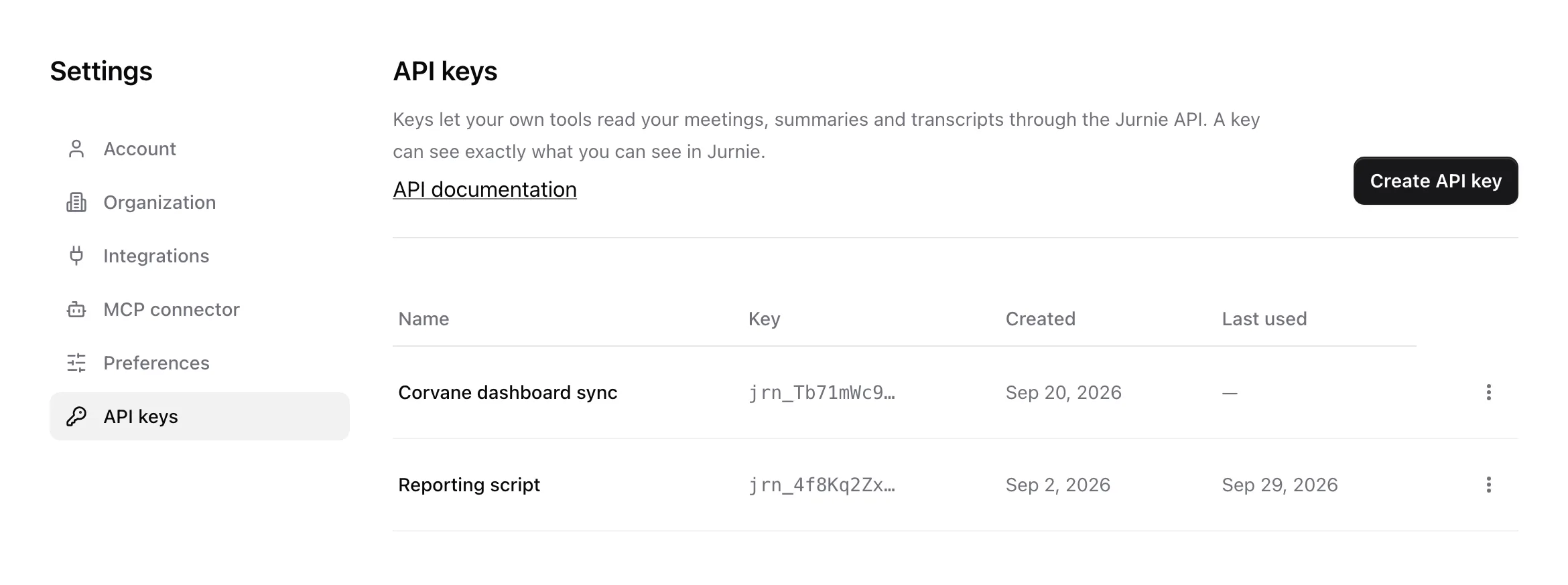 The API keys settings with two keys, when each was created and last used, and the API documentation link