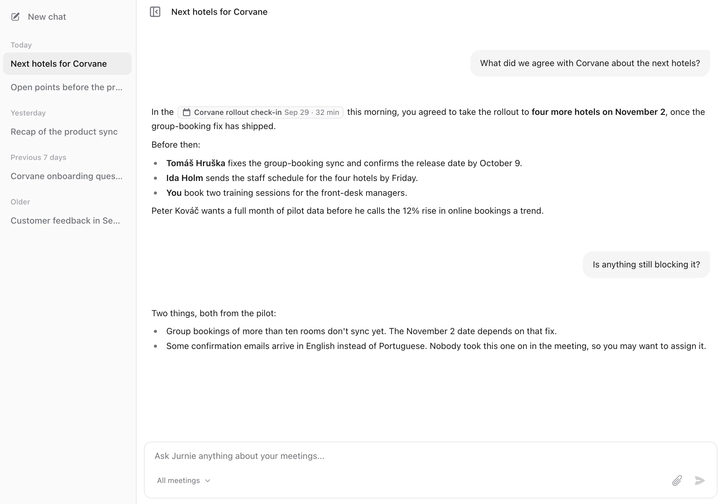 An Ask Jurnie chat with an answer that links to the meeting it came from