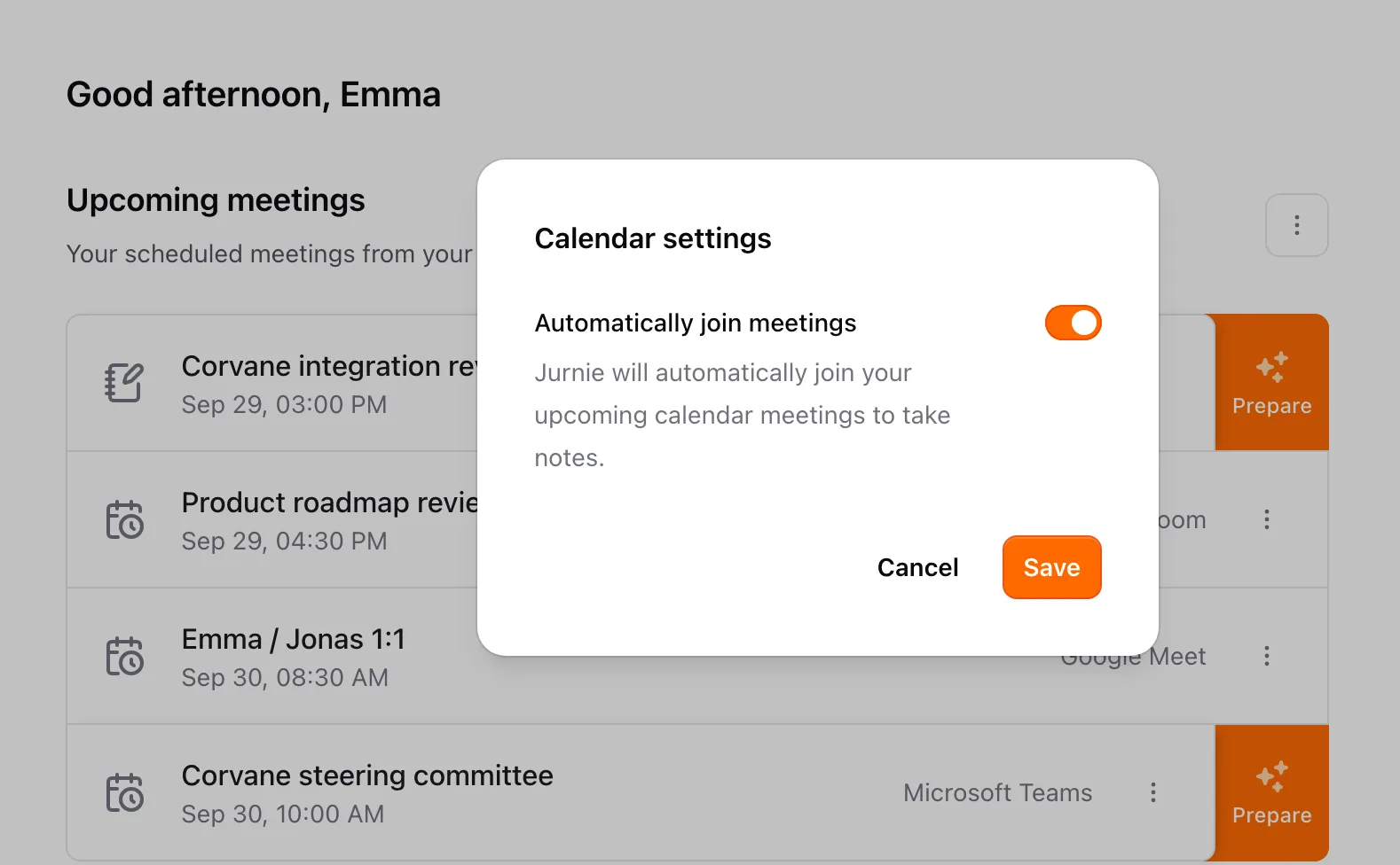 The Calendar settings dialog with Automatically join meetings switched on