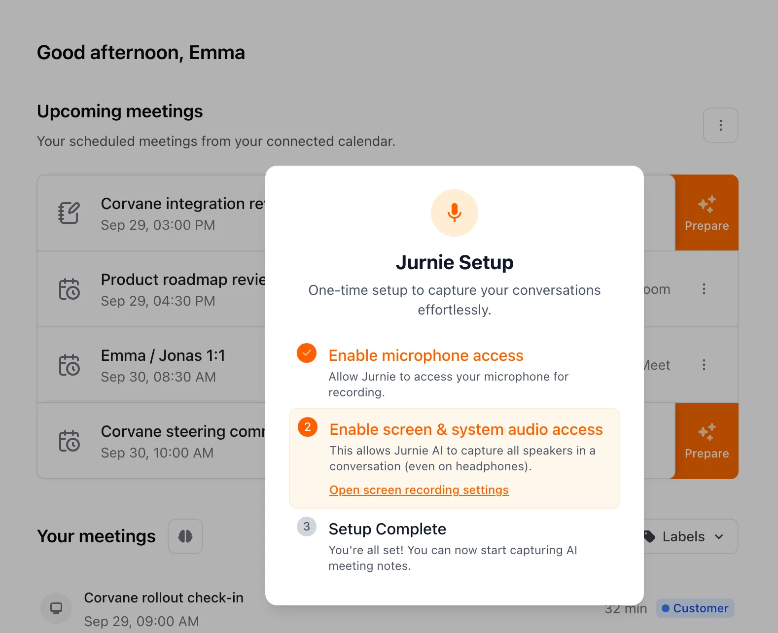 The Jurnie Setup guide with microphone access done and screen and system audio access as the current step