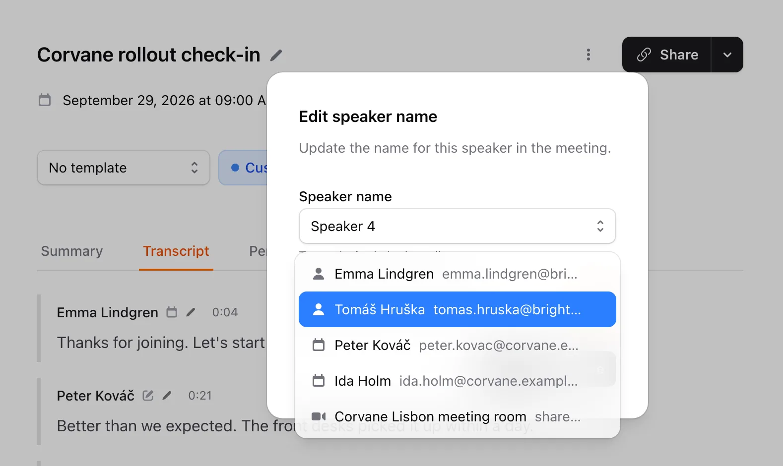 The Edit speaker name dialog suggesting team members, invitees and call participants
