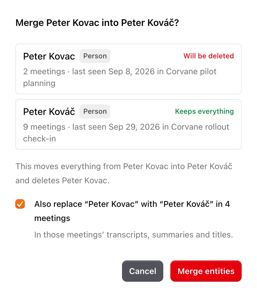 The merge dialog, showing which entry is deleted and which keeps everything