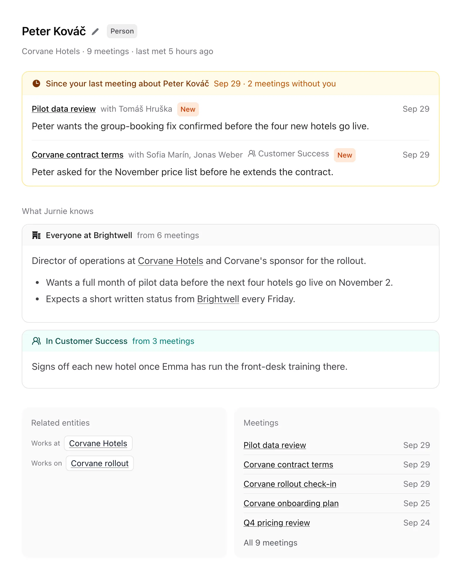 A person's page, with the header, the catch-up section and the profile cards