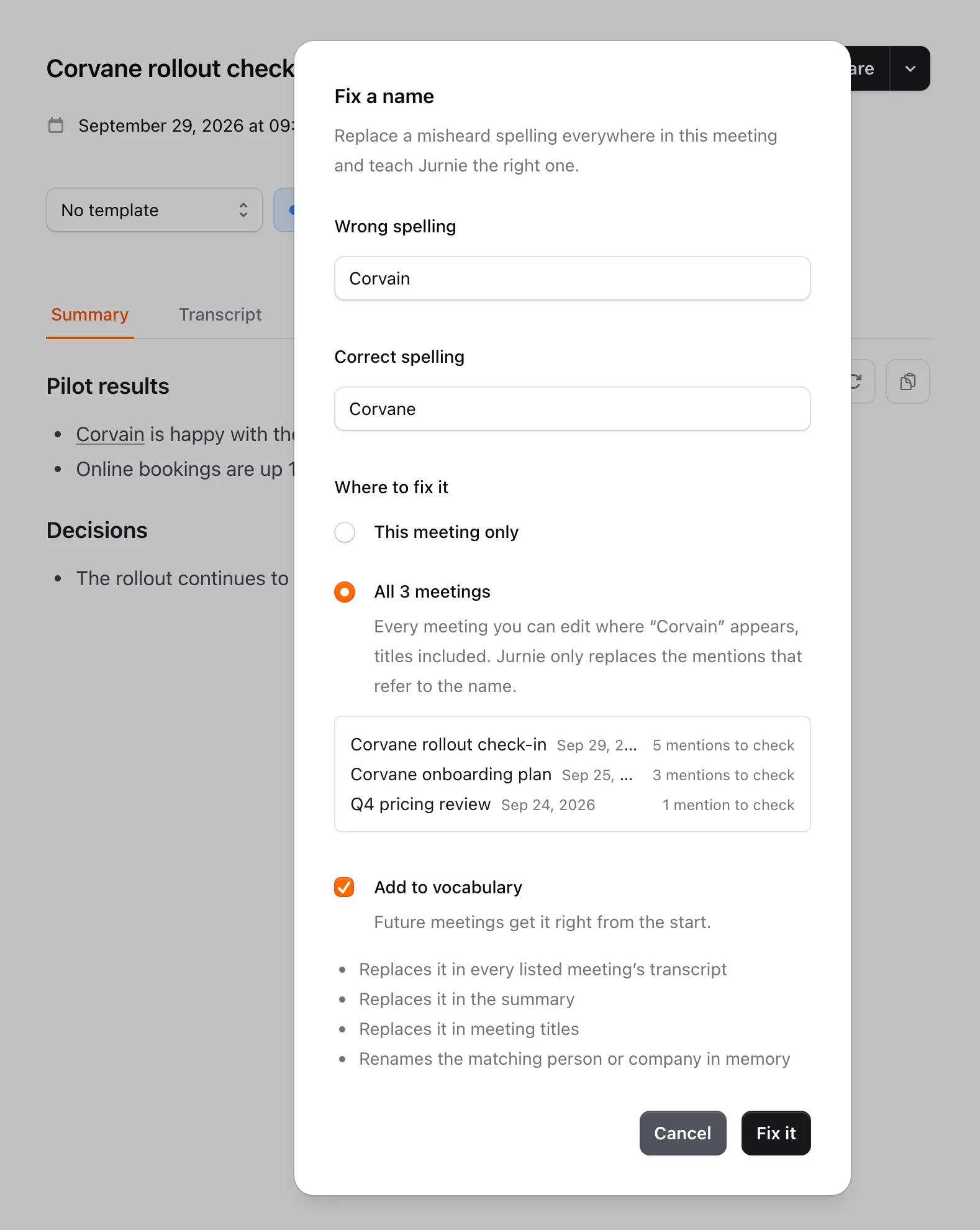 The Fix a name dialog, fixing a name in all three meetings where it appears