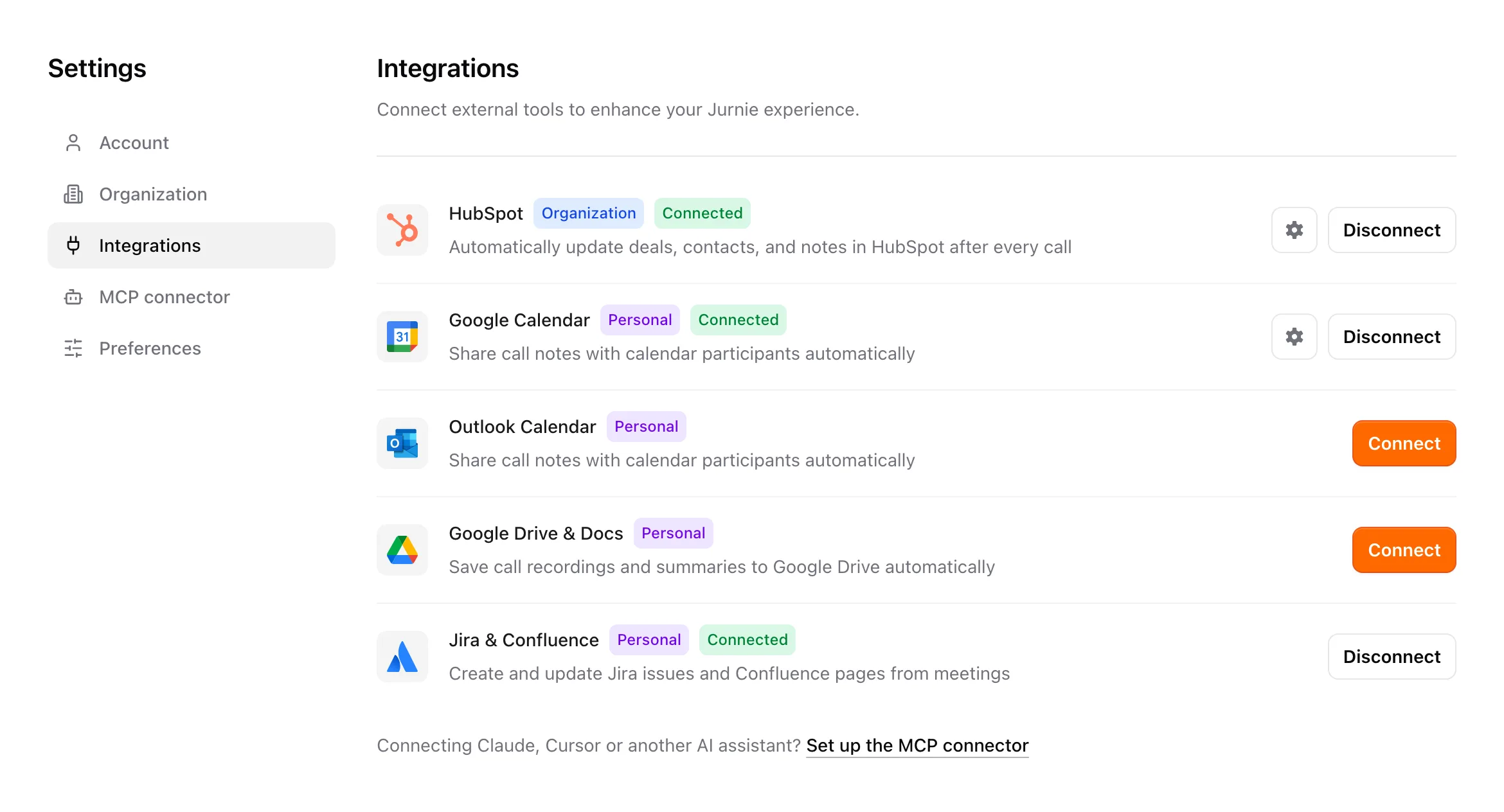 The Integrations settings, with each tool marked Organization or Personal and its Connect or Disconnect button