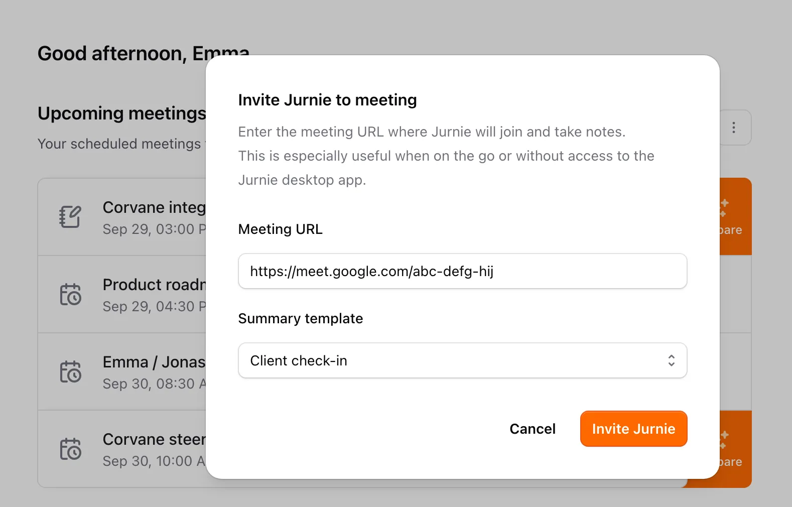 The Invite Jurnie to meeting window with a Google Meet link and a summary template