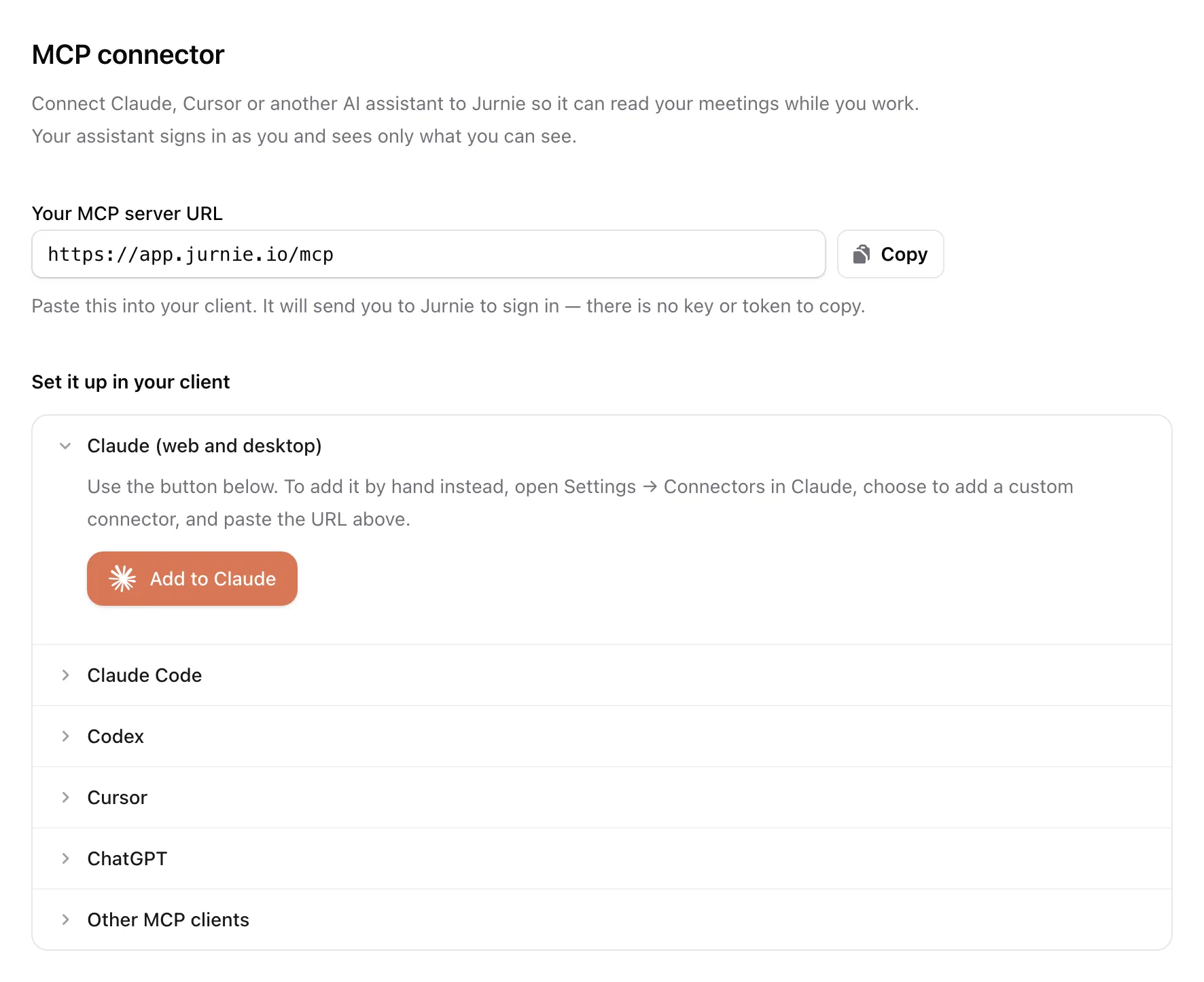 The MCP connector settings with the server URL, the Add to Claude button and per-client setup steps