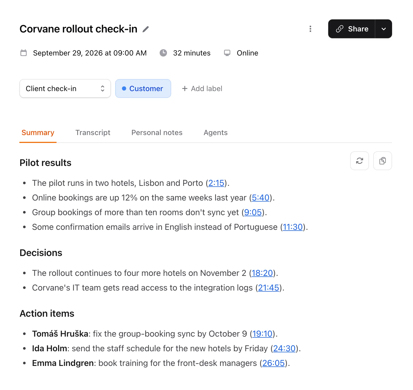 The Summary tab of a meeting, with section headings, bullet points and clickable timestamps