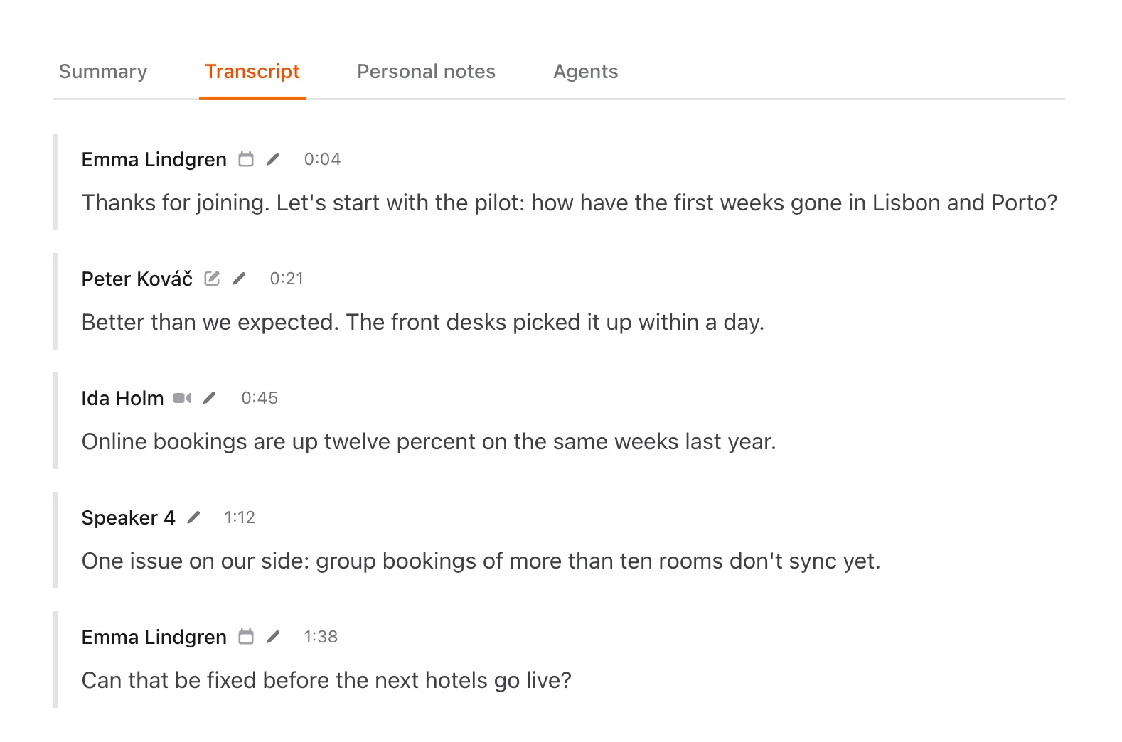 The Transcript tab, with speaker names, timestamps and passages