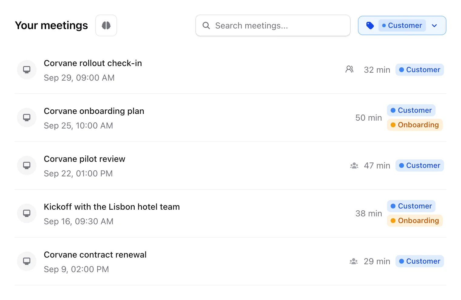 The Your meetings list on Home, filtered by a label