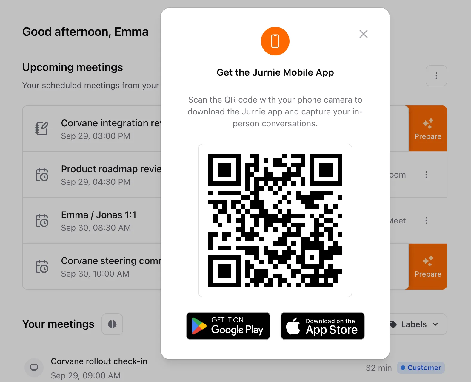 The Get the Jurnie Mobile App dialog with a QR code and store badges