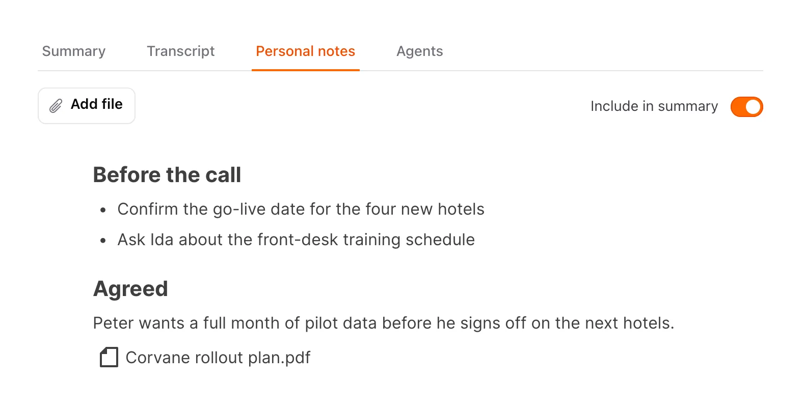 Personal notes on a meeting, with headings, a list, an attached PDF and the Include in summary switch