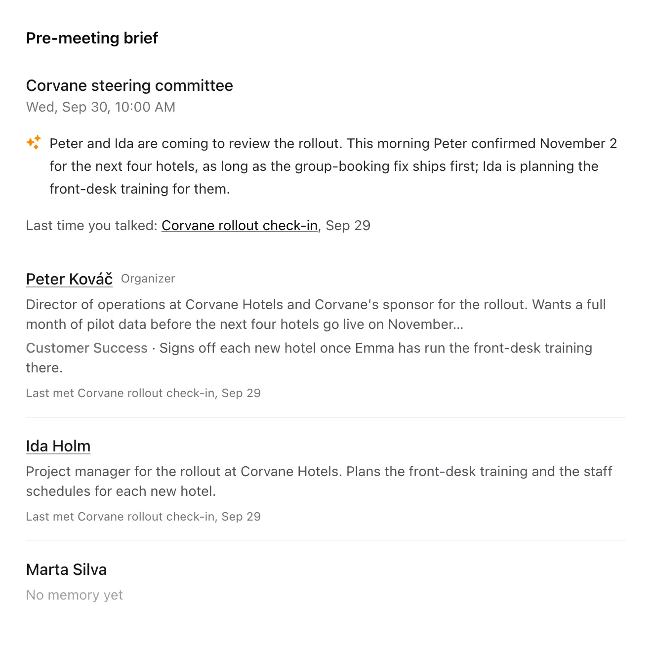 A pre-meeting brief with a short summary paragraph and a section for each person invited
