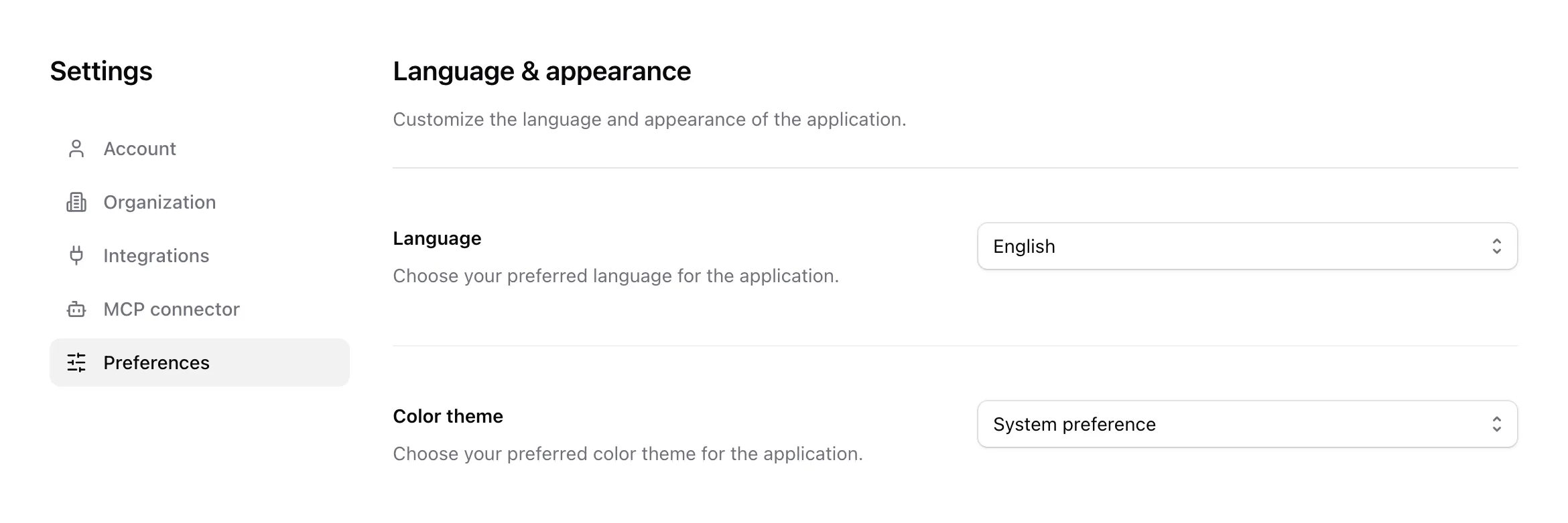 The Preferences tab in Settings, with the Language and Color theme settings