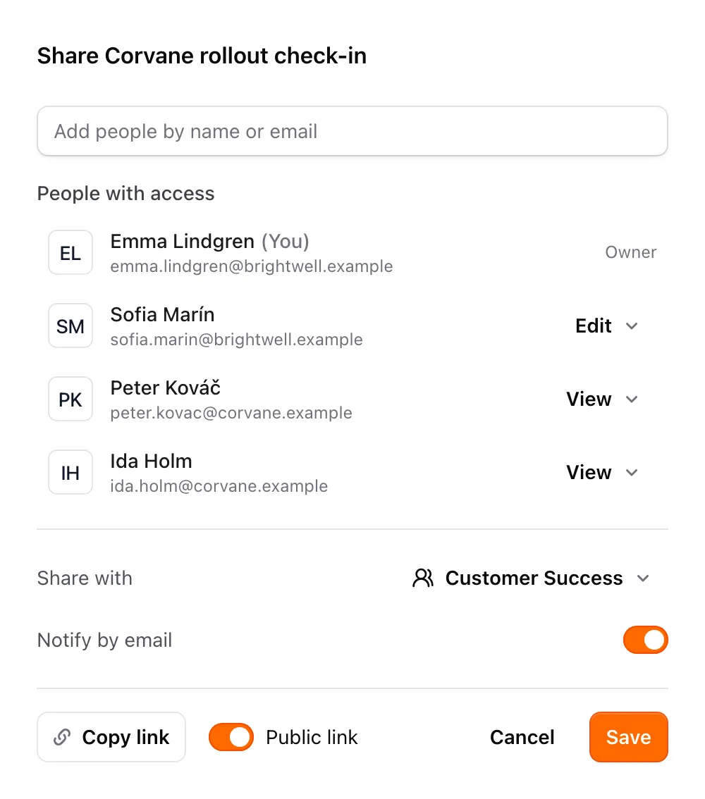 The share dialog with people who have access, the Share with menu and the Public link switch