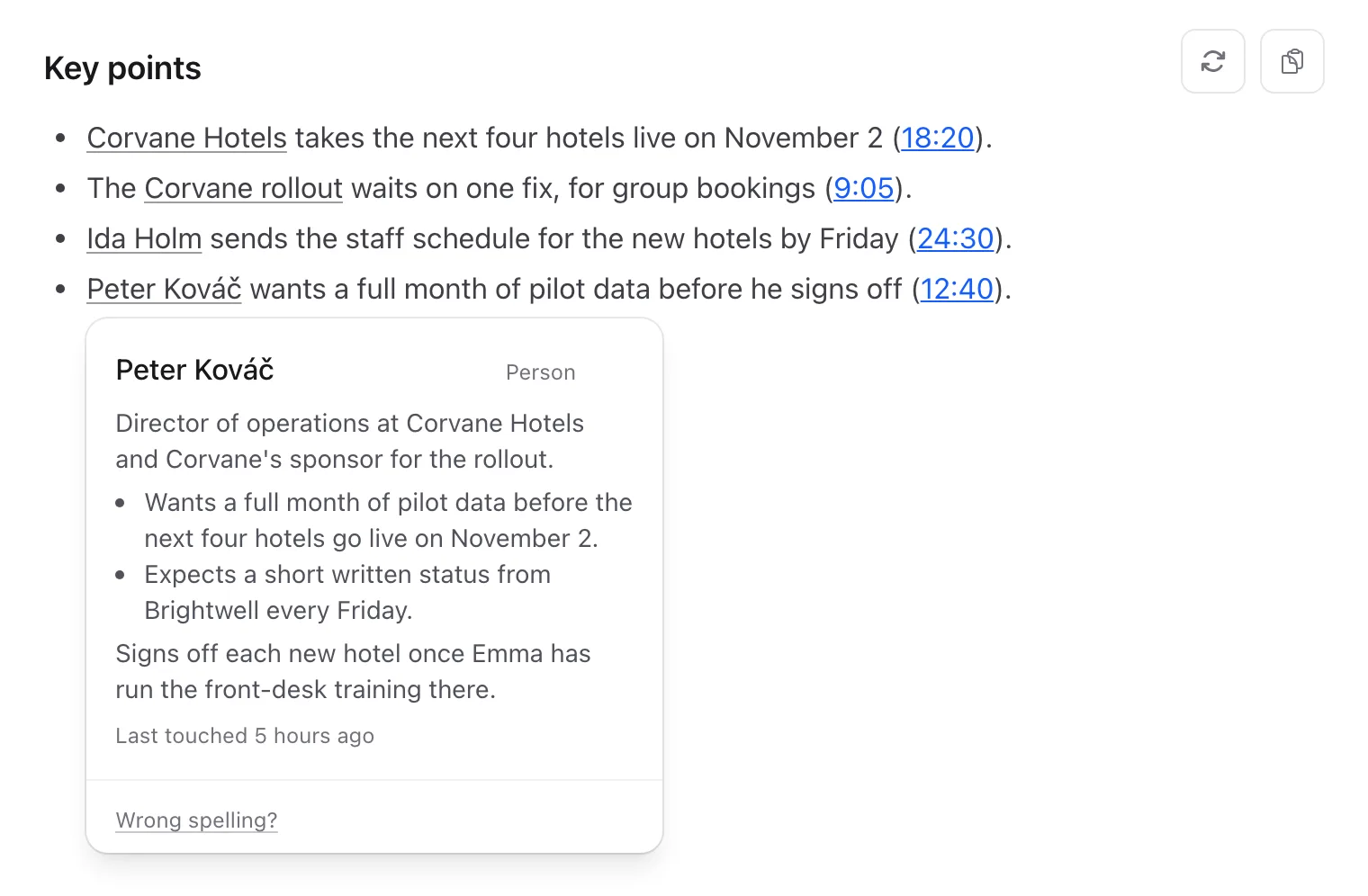 A meeting summary with underlined names, and the card that appears when you hover one