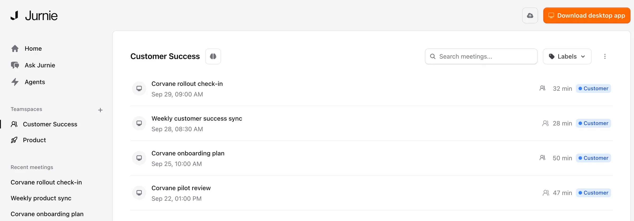 A teamspace page listing the meetings shared into it, with the Teamspaces section in the sidebar