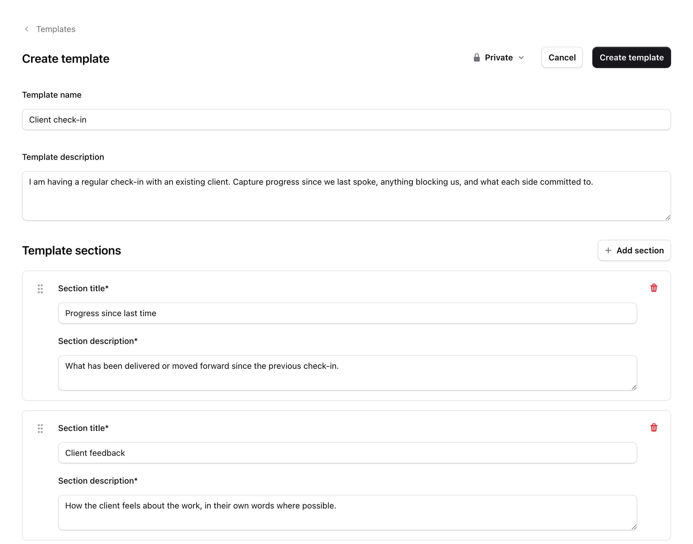 Editing a template: name, description, visibility and sections