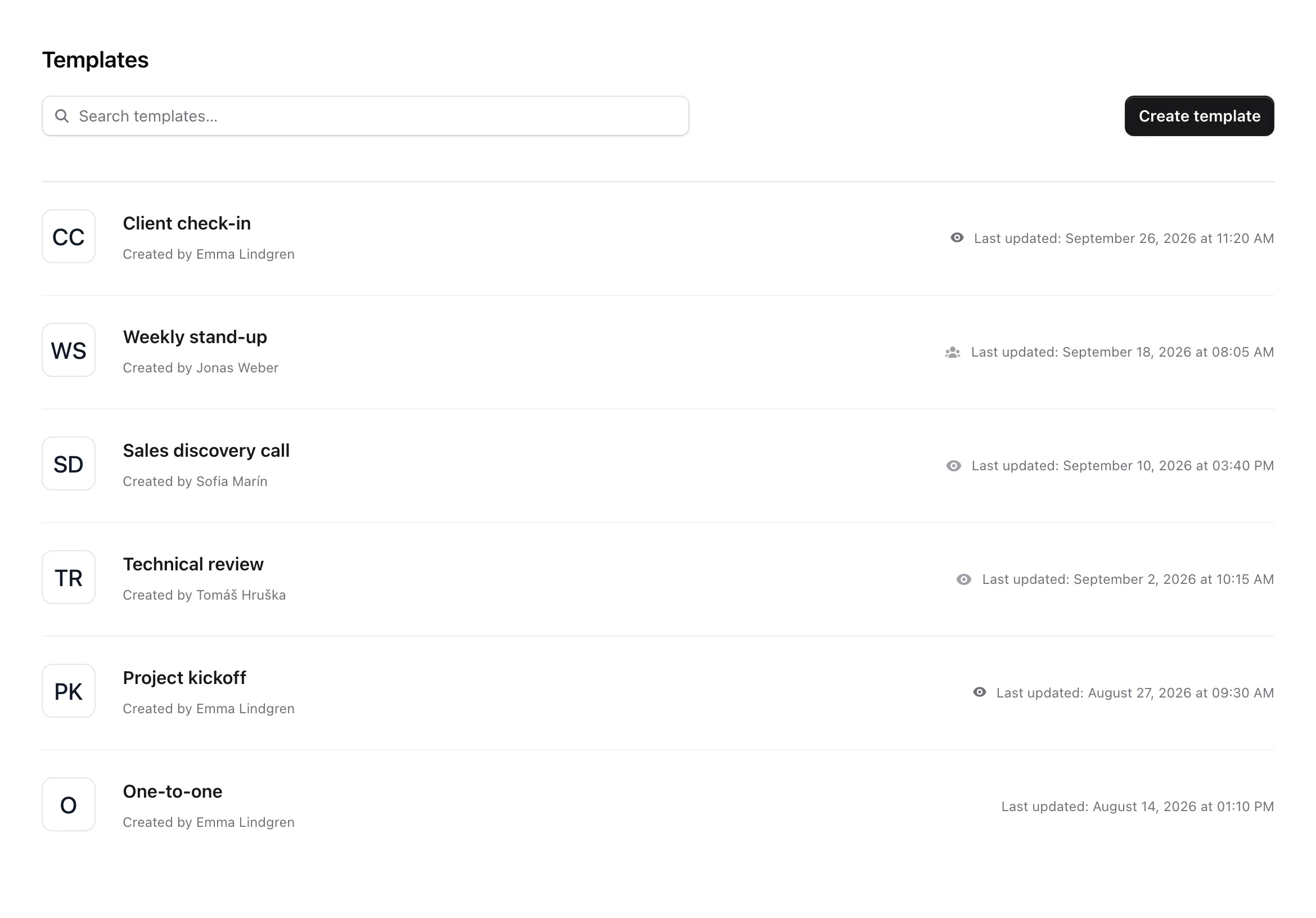 The Templates page listing templates with their creator and visibility