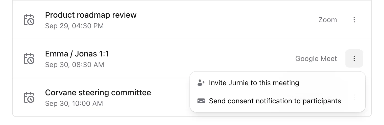 The Meeting options menu of an upcoming meeting, with Invite Jurnie to this meeting and Send consent notification to participants