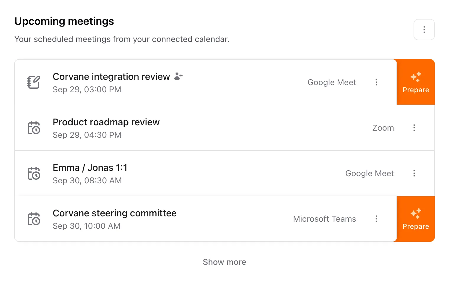 Upcoming meetings on Home, each with its time, its meeting app and a Meeting options menu
