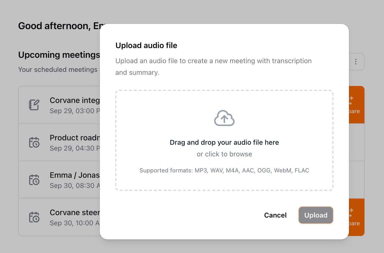 The Upload audio file window, where you drop an audio file or click to browse