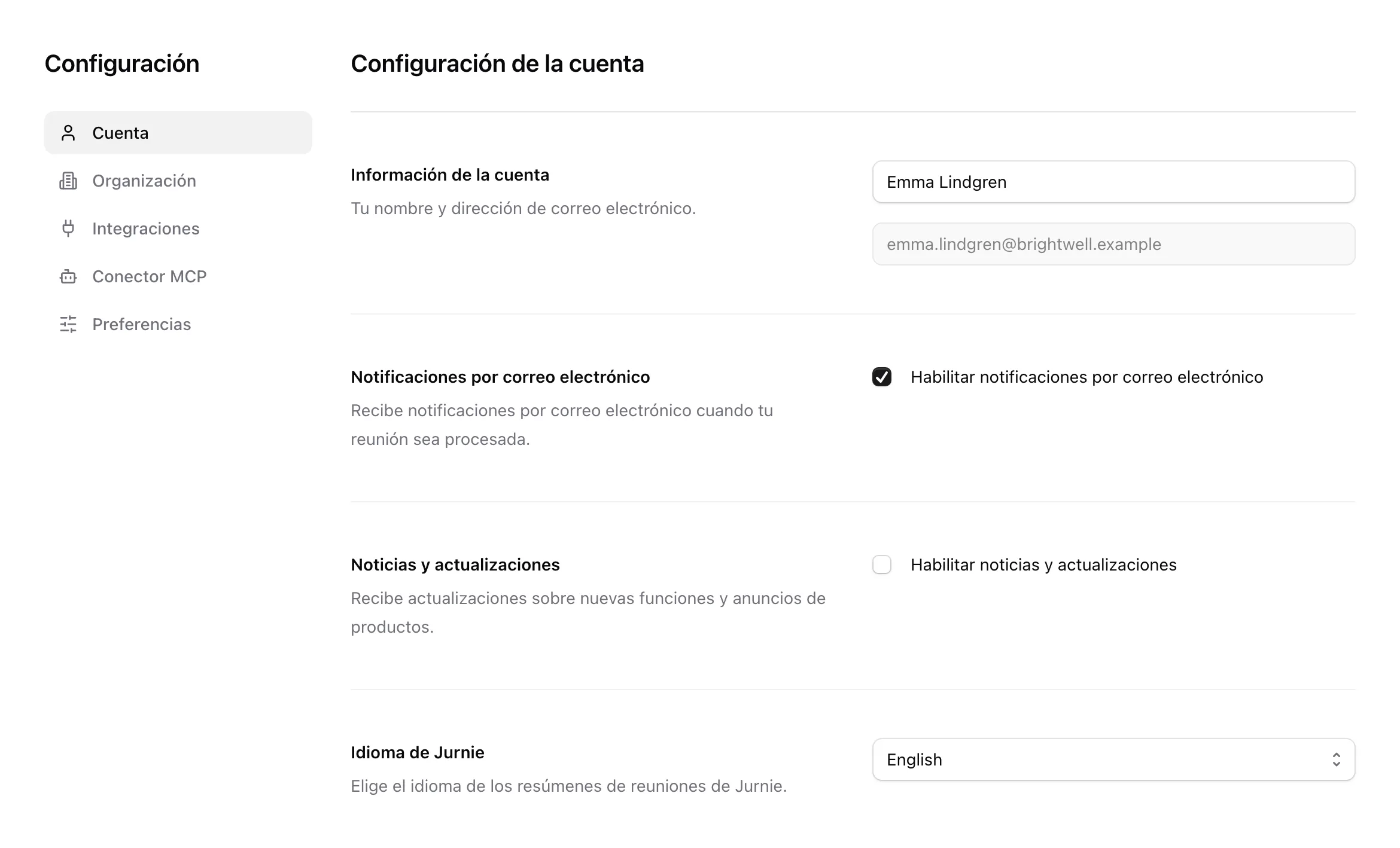 La pestaña Cuenta de Configuración, con la información de la cuenta, los interruptores de correo, el Idioma de Jurnie y la plantilla de resumen predeterminada