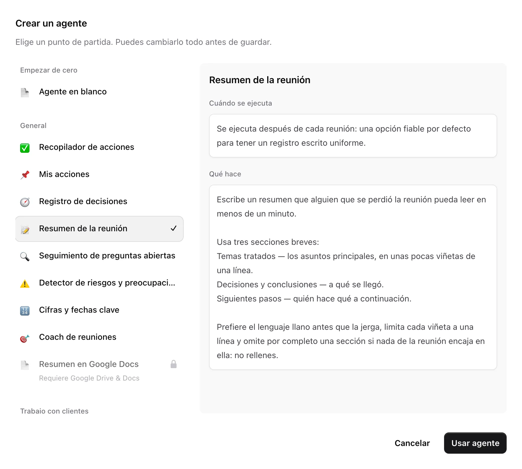El selector Crear un agente con agentes ya preparados agrupados por finalidad y una vista previa del seleccionado