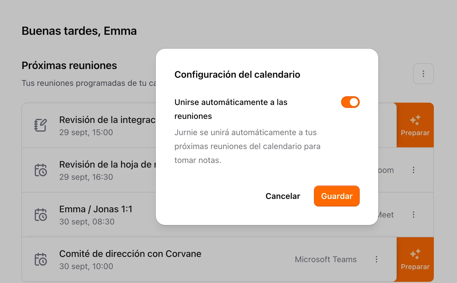 El cuadro de diálogo Configuración del calendario con Unirse automáticamente a las reuniones activado
